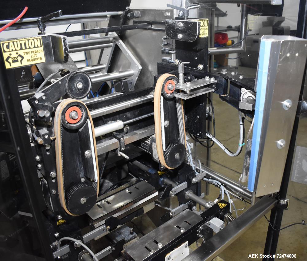 Used Matrix Packaging Mercury HS High Speed Vertical, Form, Fill and Seal Machine. Capable of speeds up to 140 BPM. Bag size range: 1.75" - 11" (Width) x 2.5" - 15" (Length). Has side belt pull downs...